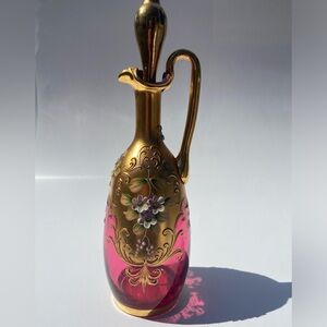 Cranberry Bohemian Glass Cruet, Gilded, Hand-painted, enameled appliques